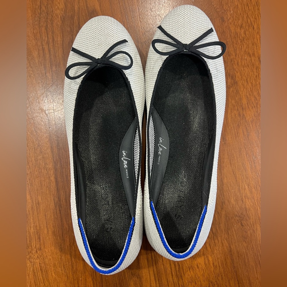 Rothy’s White/Silver Glitter Ballet Flats with Black Bow